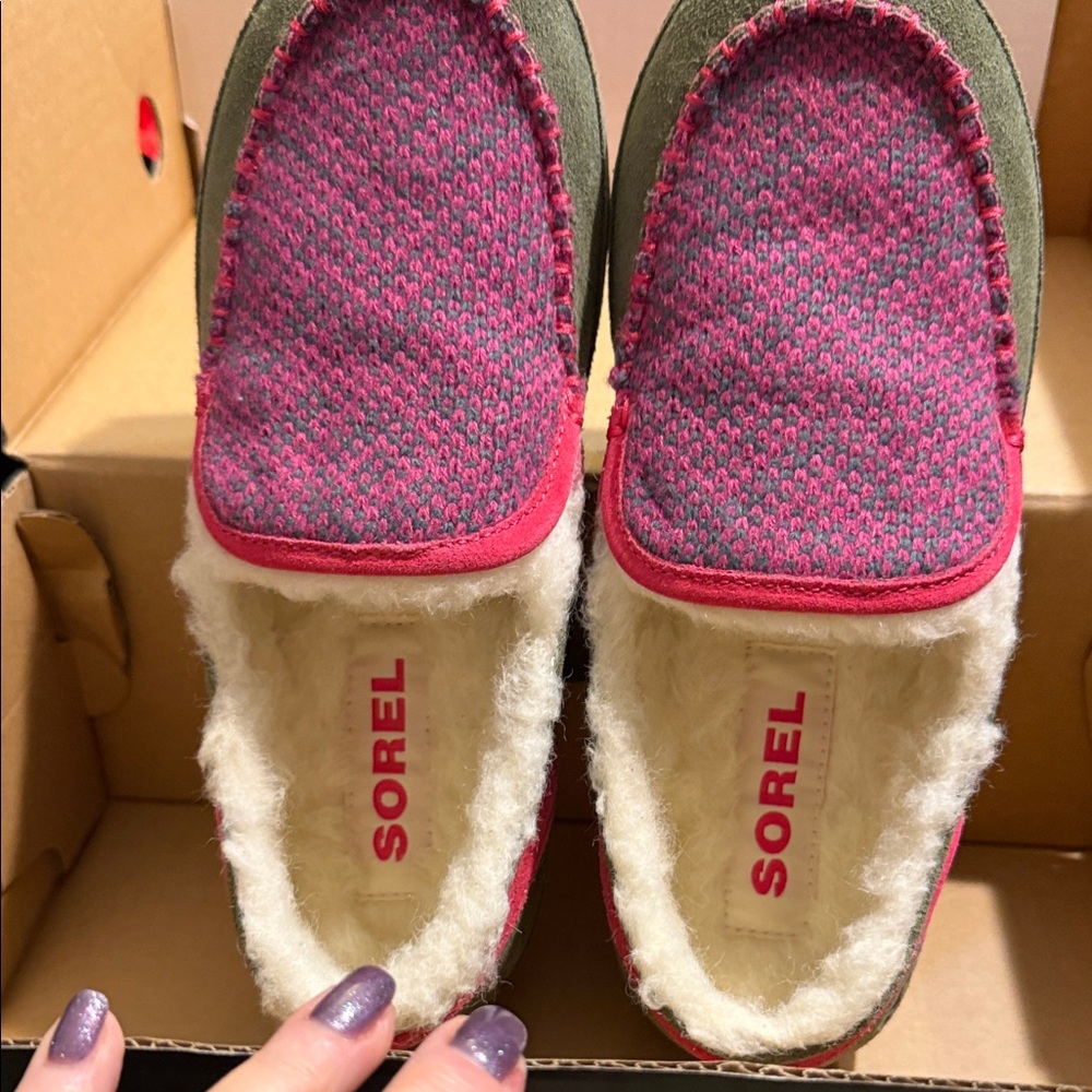 Sorel Women's Pink and Gray Knit Cozy Slip-Ons with Faux Shearling